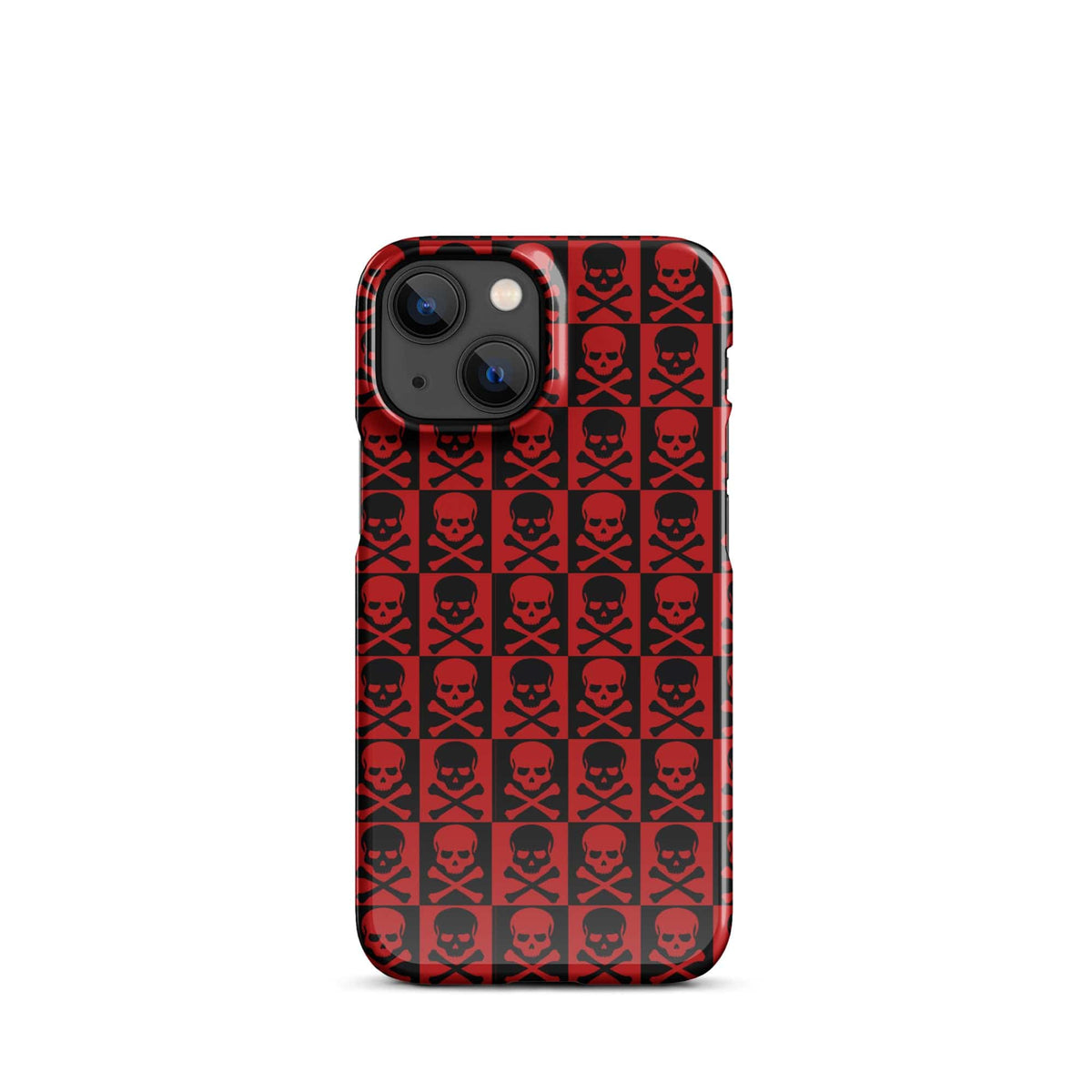 iPhone snap case back view with repeating red-and-black skull pattern and camera openings