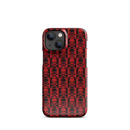 iPhone snap case back view with repeating red-and-black skull pattern and camera openings