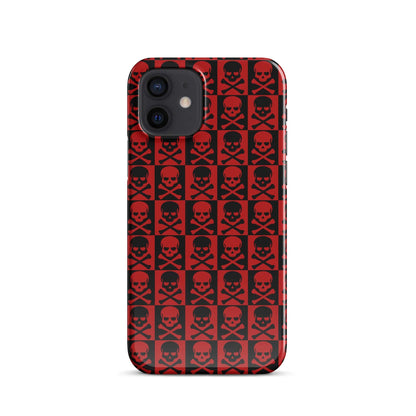 iPhone snap case back view with red-and-black skull grid pattern over the phone