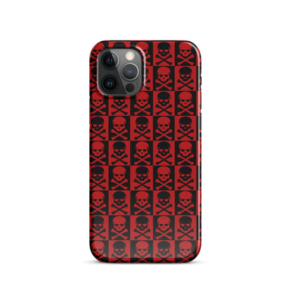 iPhone snap case back view showing red-and-black skull icons in repeating pattern