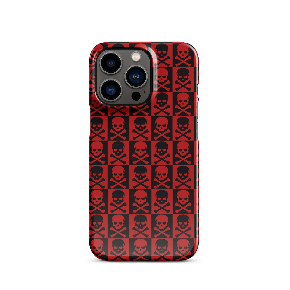 iPhone snap case back view with red-and-black skull pattern and camera lens cutouts