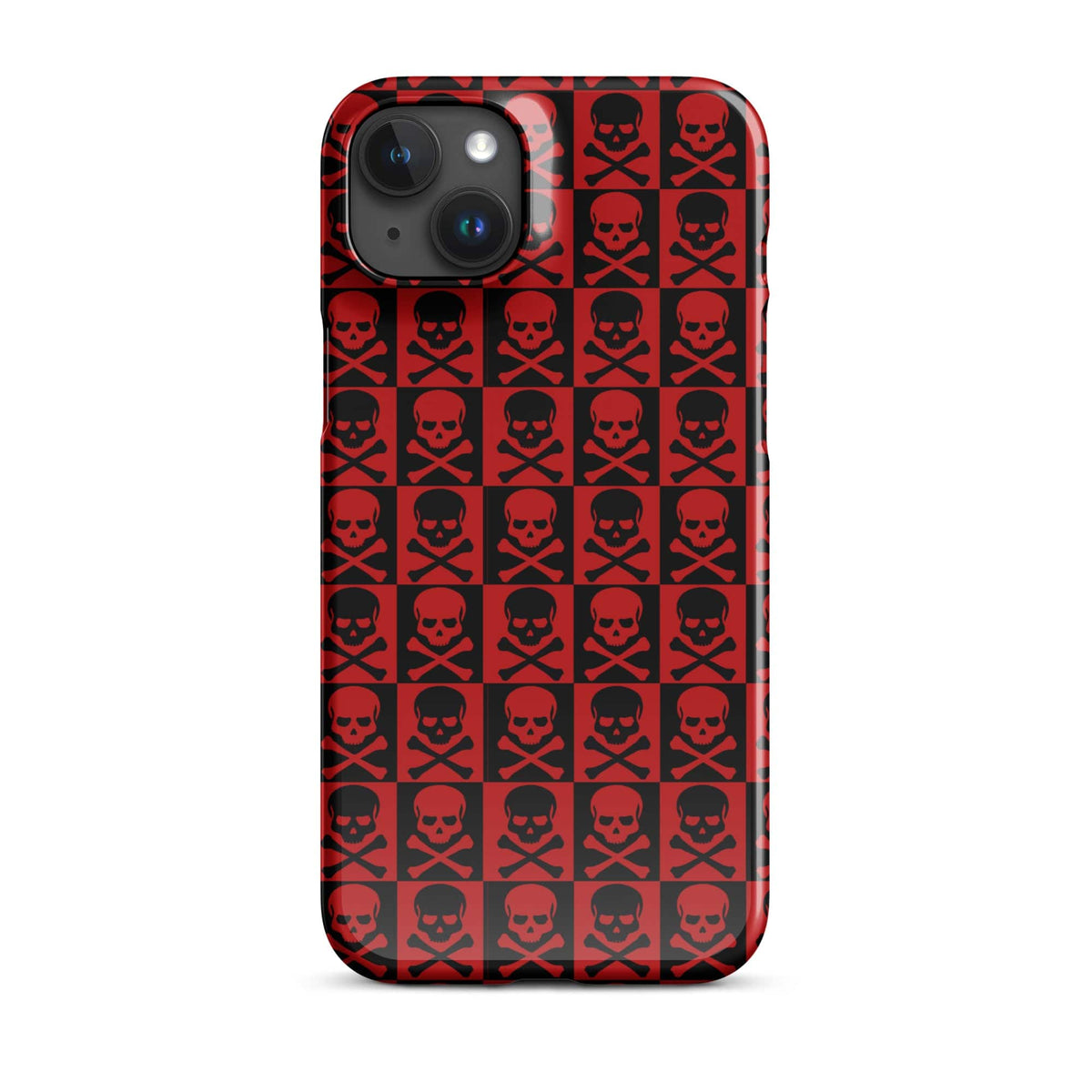 iPhone snap case with red and black skull pattern and camera module cutouts