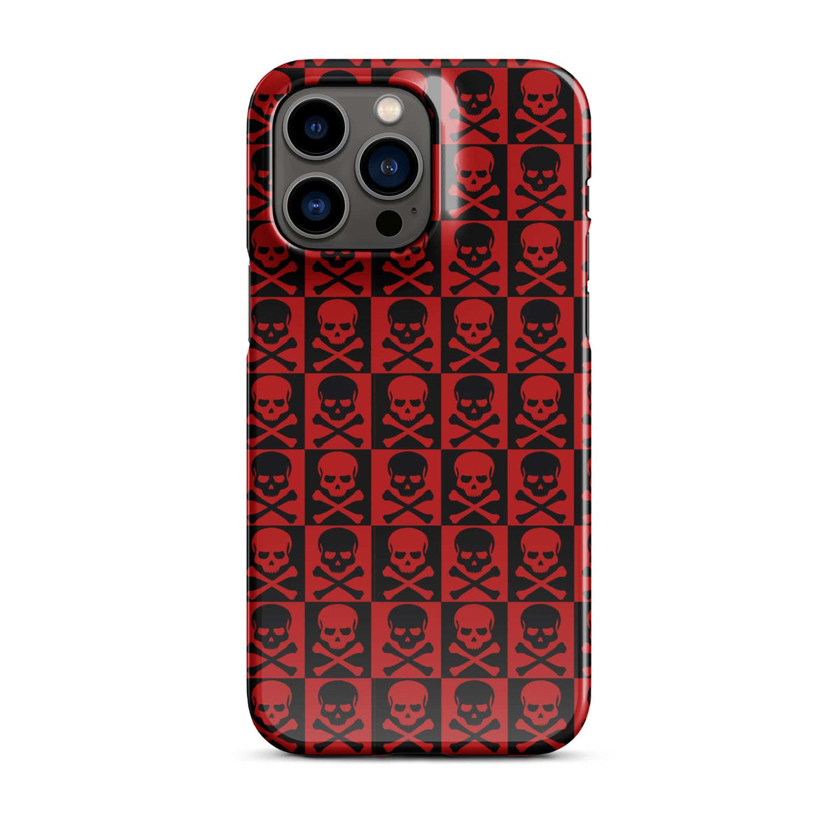 iPhone snap case with red and black skull grid pattern and camera cutout area
