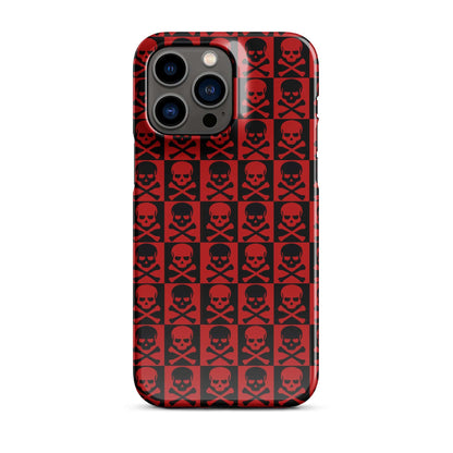 iPhone snap case with red and black skull grid pattern and camera cutout area