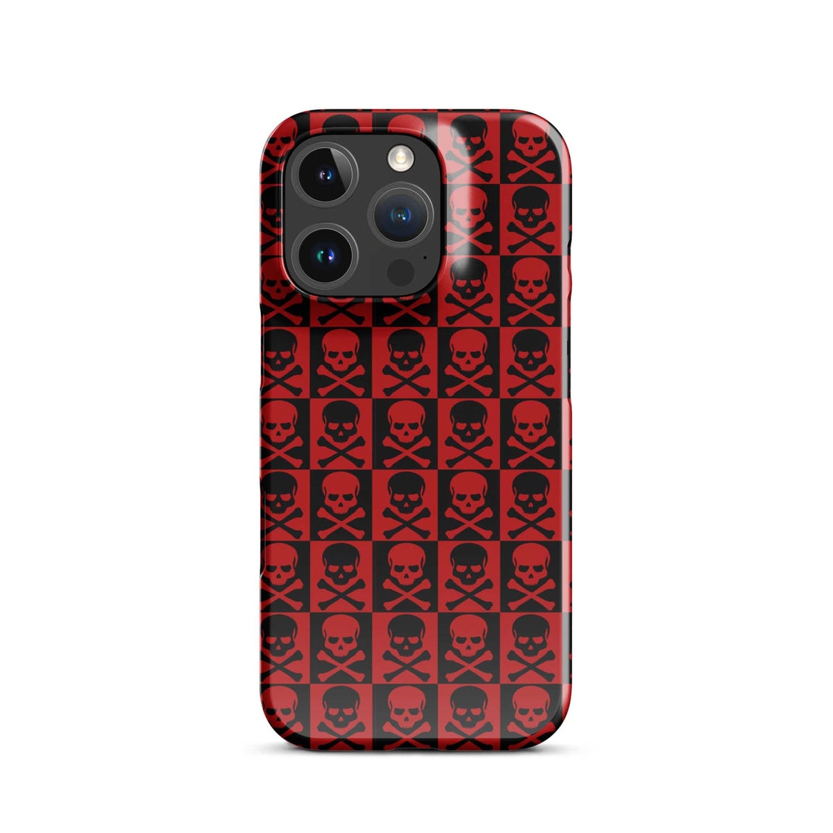 iPhone snap case with red and black skull pattern, dual camera cutouts