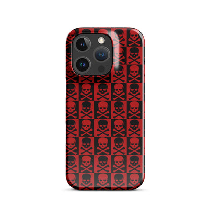 iPhone snap case with red and black skull pattern, dual camera cutouts