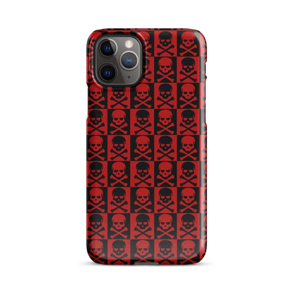 iPhone snap case front view with red-and-black skull pattern grid and camera cutouts