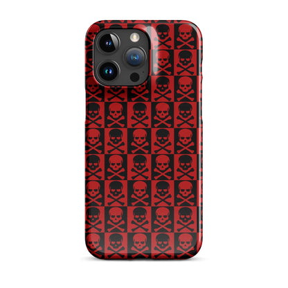 iPhone snap case with red and black skull grid pattern and camera cutouts