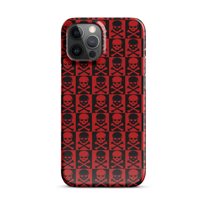 iPhone snap case front view with red-and-black skull pattern, camera cutout area shown