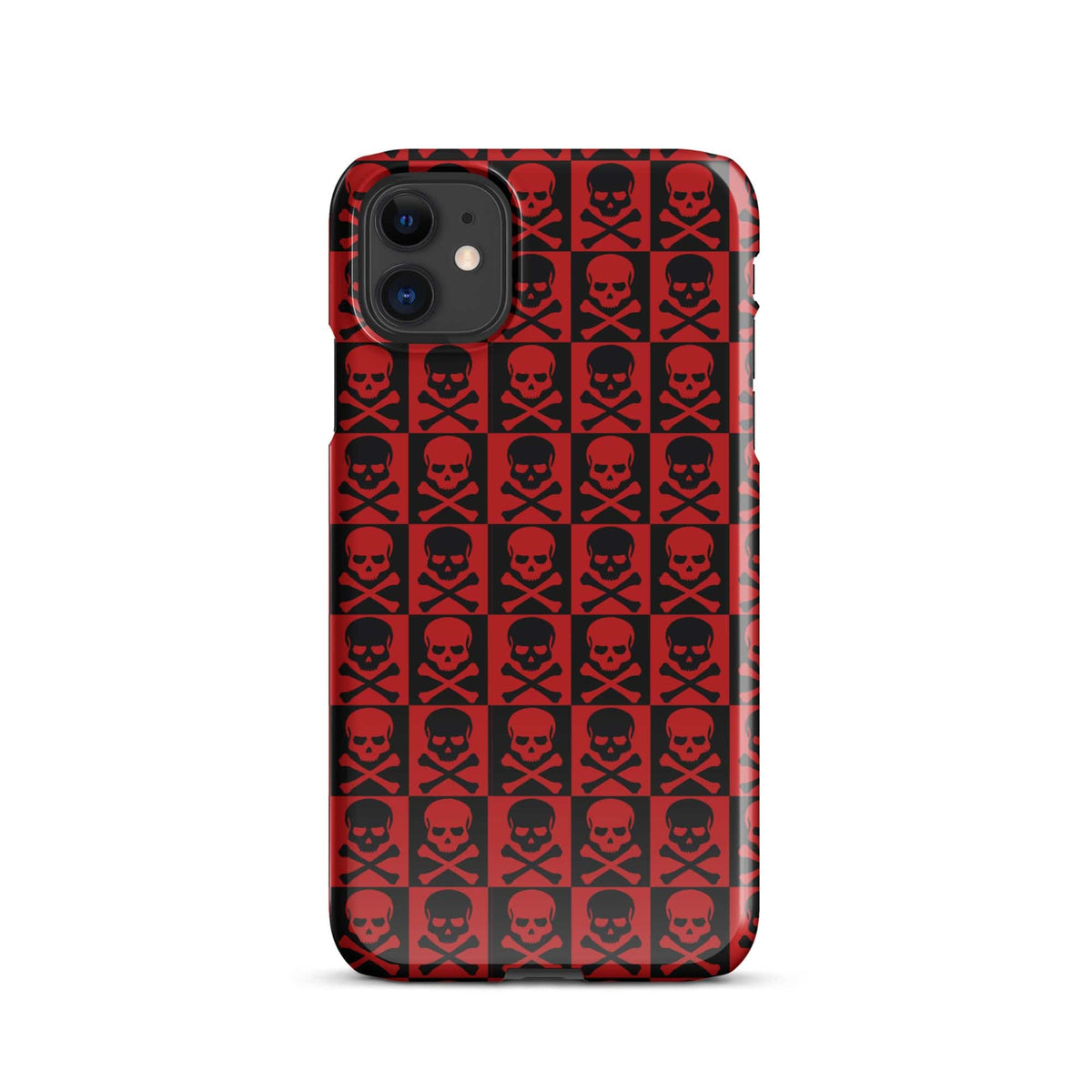 Red snap phone case with repeating black skull pattern and camera cutouts