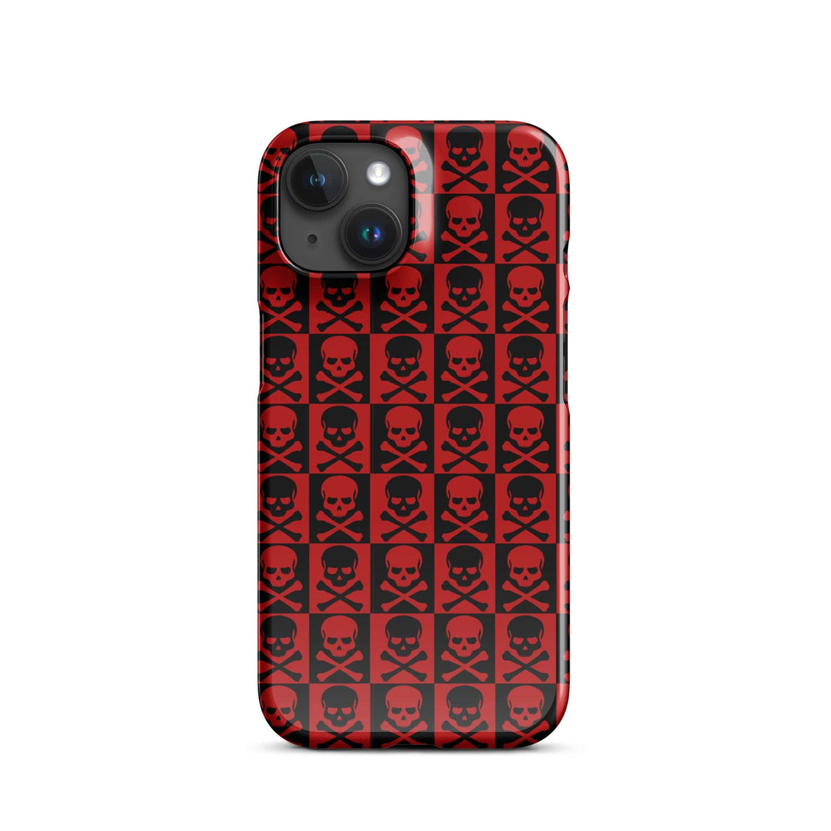 iPhone snap case with red and black skull pattern and multi-lens camera cutouts