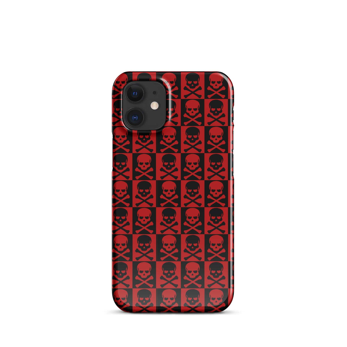 iPhone snap case with red-and-black skull pattern across the back, rounded corners
