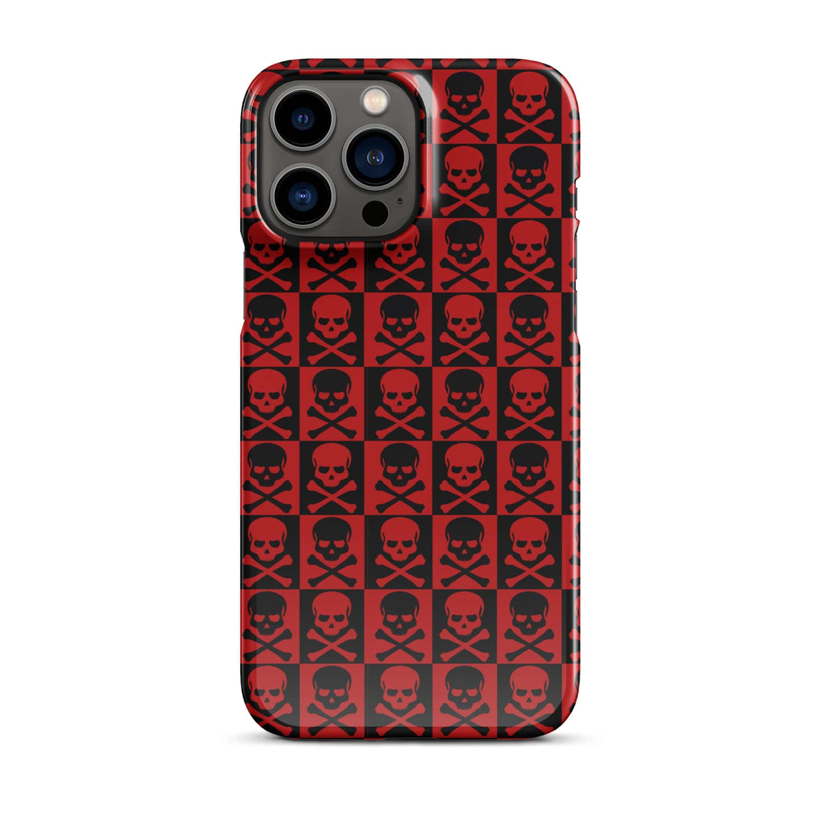 iPhone snap case with red-and-black skull icons repeating pattern and raised camera area