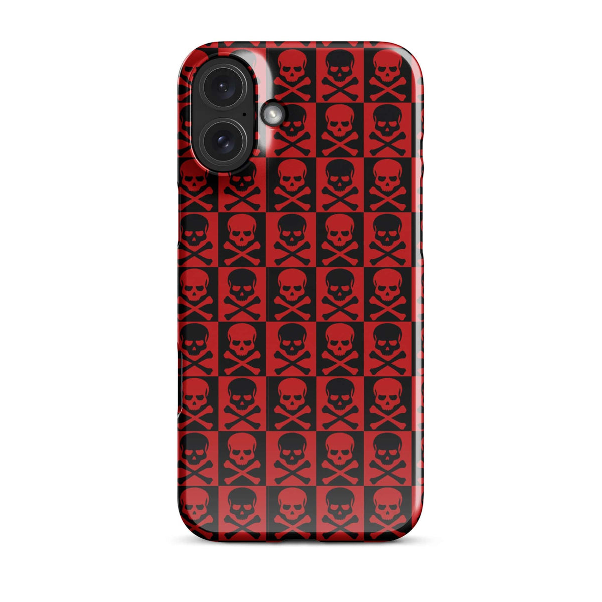 iPhone snap case with red and black skull pattern and dual-lens camera cutouts