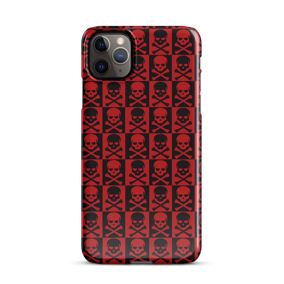 iPhone snap case with red-and-black skulls grid pattern, visible camera module openings