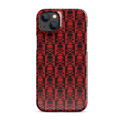 iPhone snap case with red and black skull grid pattern and camera cutouts