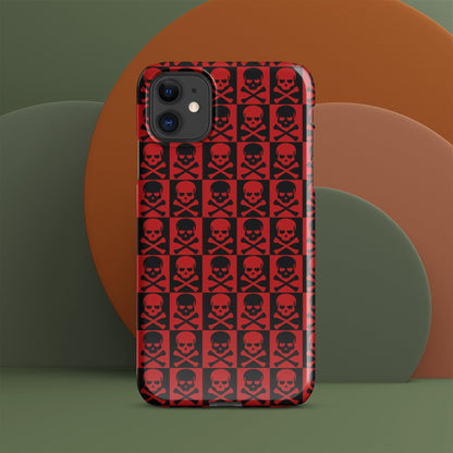 Red snap phone case with repeating black skulls, centered front view