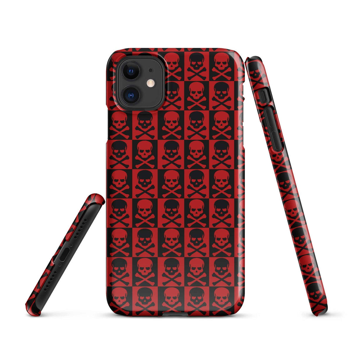 Red snap phone case with black skull pattern, side and back views