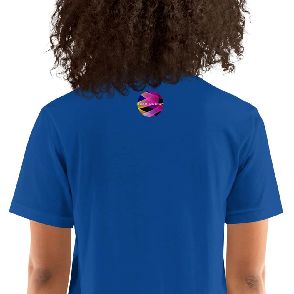 Blue T-shirt back view with small multicolor neck label