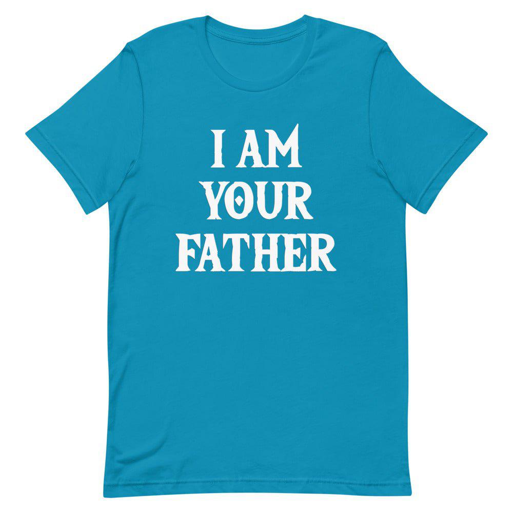 Blue T-shirt with white “I AM YOUR FATHER” graphic centered on the front