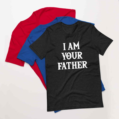 Folded T-shirts in red, blue, and black with white “I AM YOUR FATHER” print