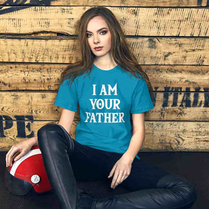 Blue T-shirt with white “I AM YOUR FATHER” text print