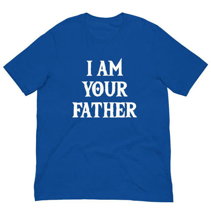 Royal blue T-shirt with white “I AM YOUR FATHER” graphic on the front