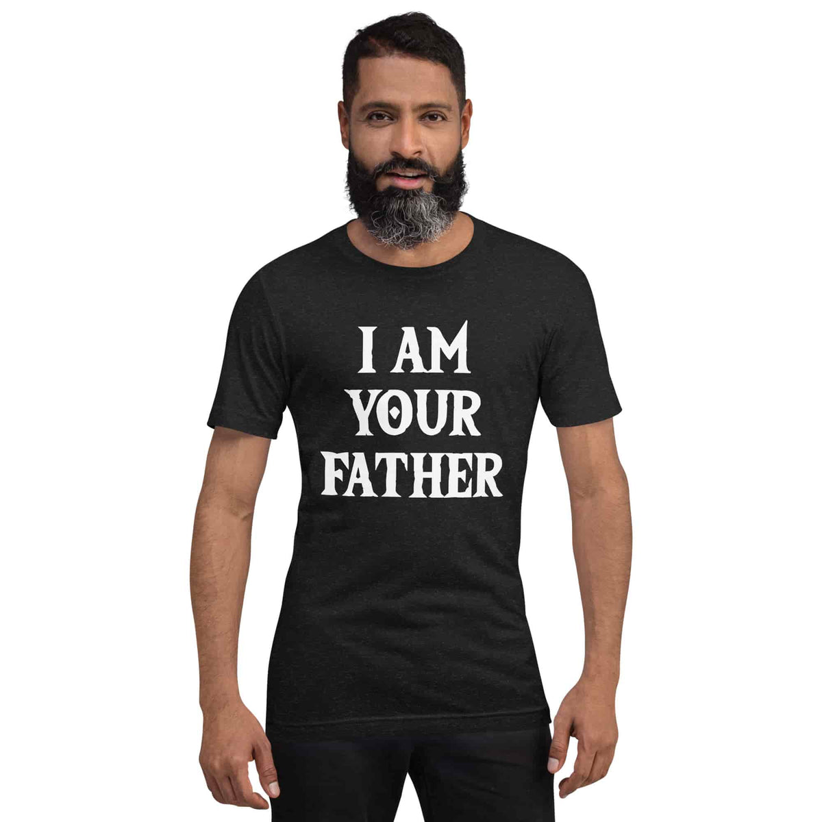 Black T-shirt with white “I AM YOUR FATHER” text graphic, shown on a model