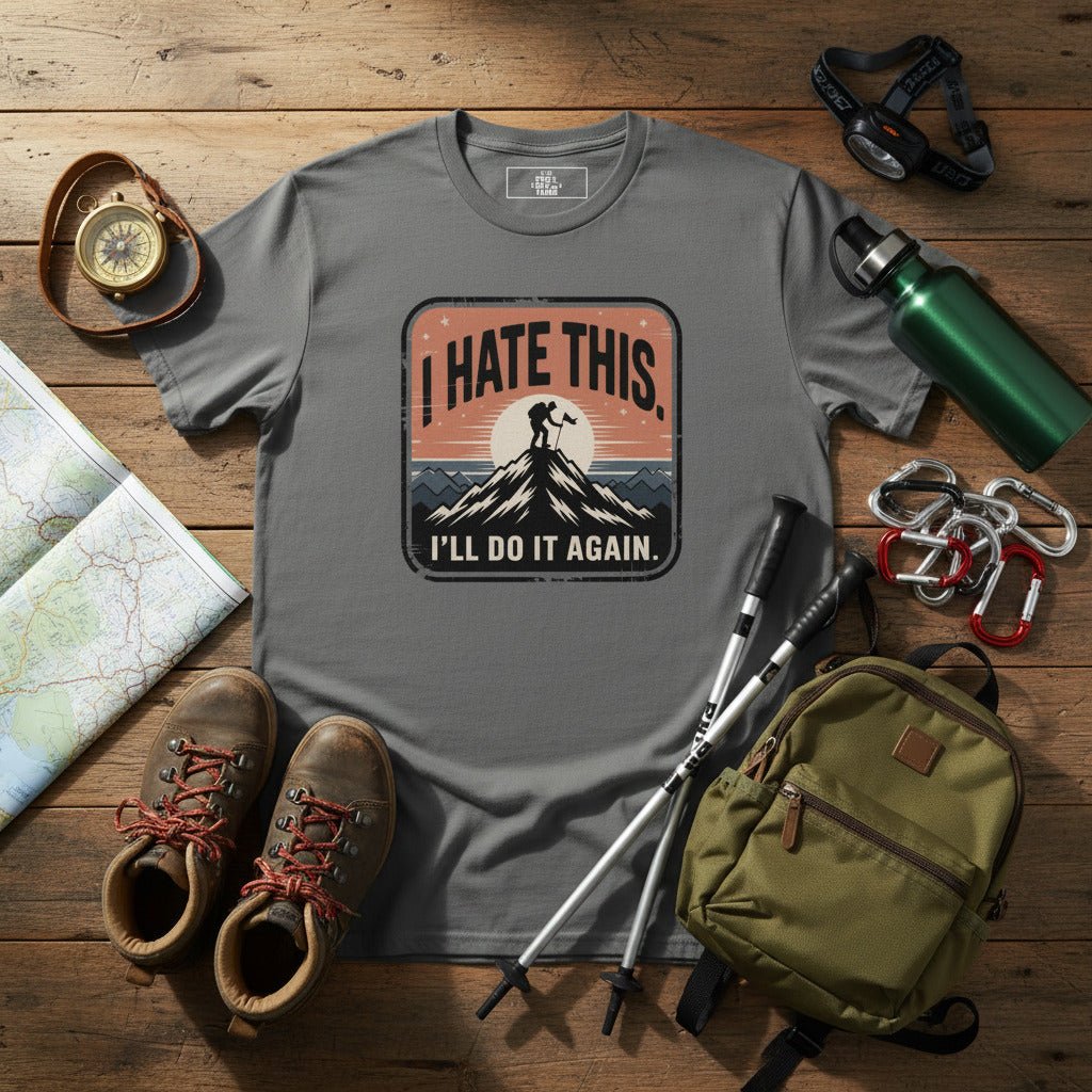 Gray hiking T-shirt with “I HATE THIS” mountain graphic on the chest