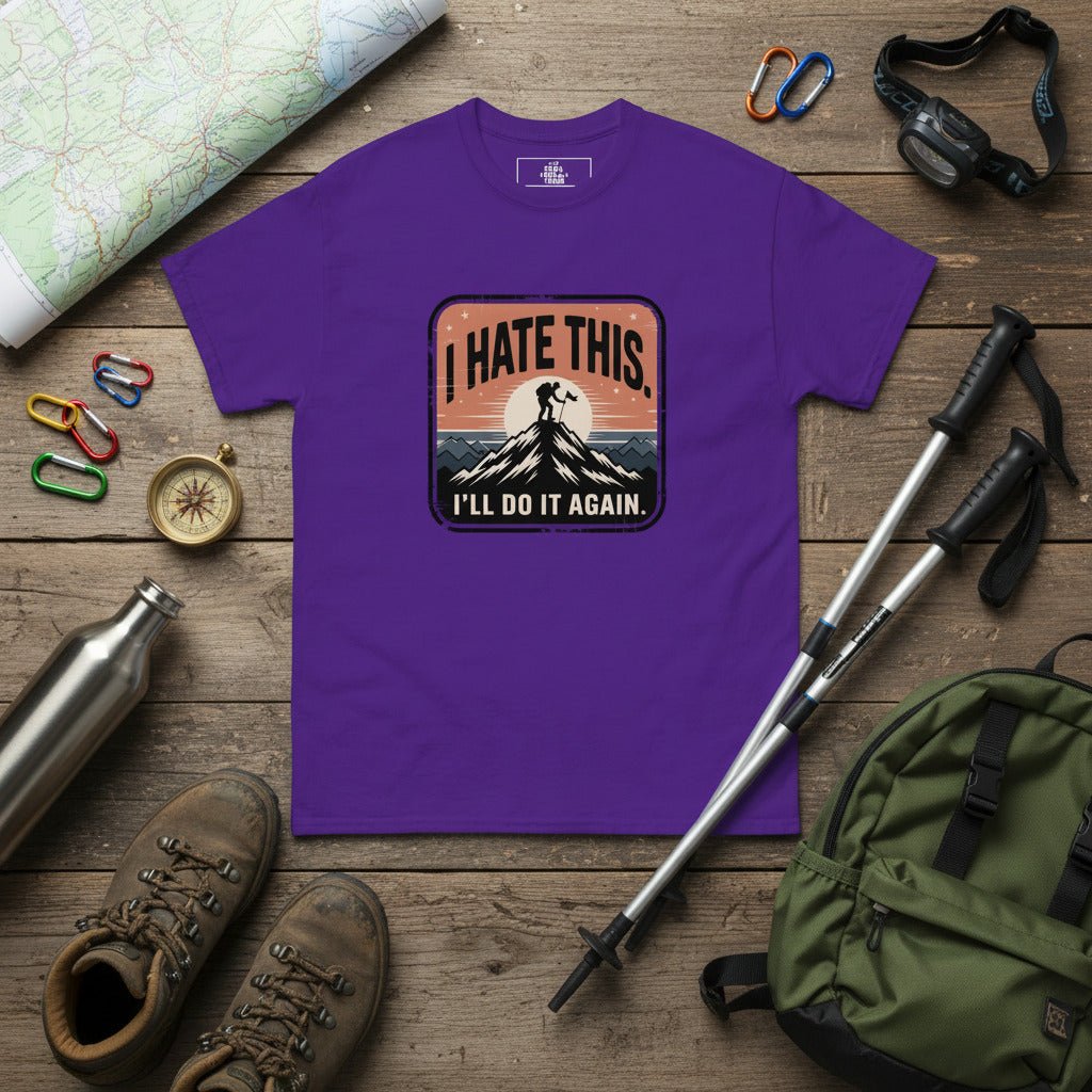 Purple hiking T-shirt with “I HATE THIS” mountain graphic on the chest
