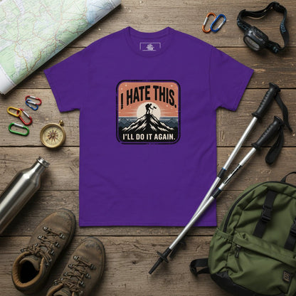 Purple hiking T-shirt with “I HATE THIS” mountain graphic on the chest