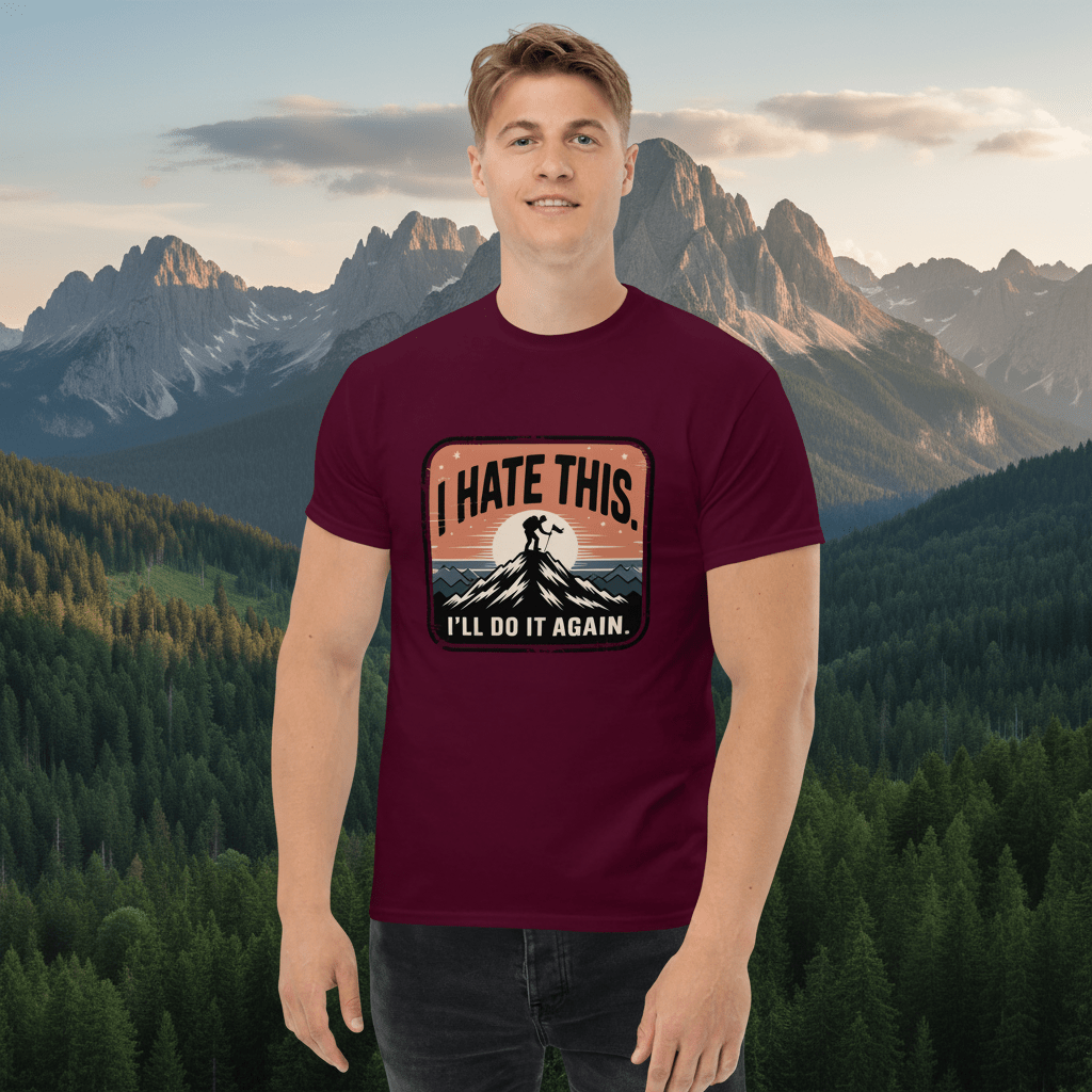Maroon hiking T-shirt with “I HATE THIS” mountain graphic on the chest