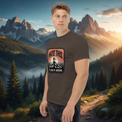Dark brown hiking t-shirt with mountain graphic and text 'I HATE THIS'/'I'LL DO IT AGAIN'.