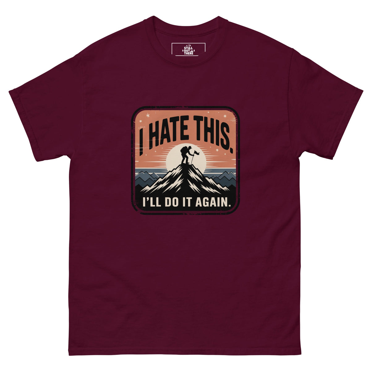 Maroon hiking T-shirt with front chest graphic and crew neck