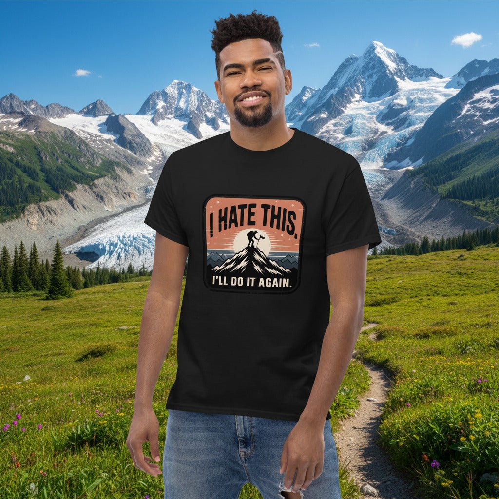 Black hiking T-shirt with “I HATE THIS” mountain graphic on the chest