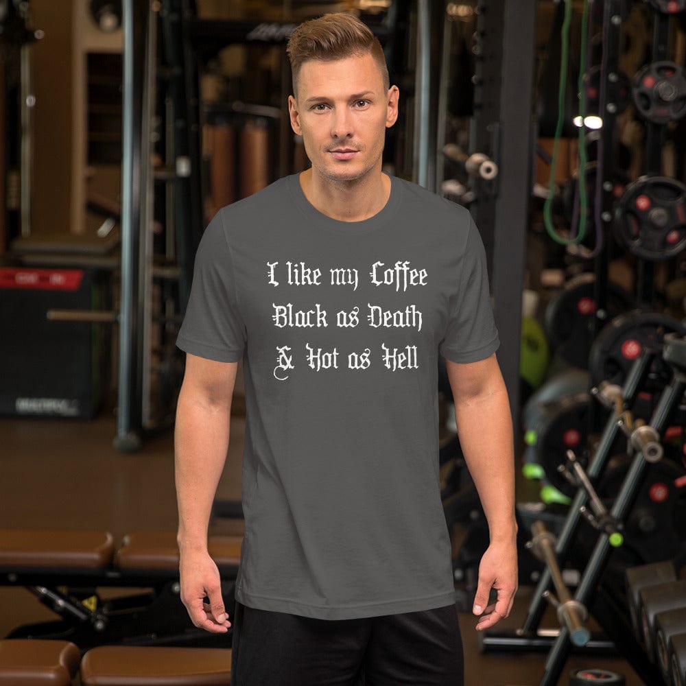 Asphalt gray T-shirt with 'I like my Coffee Black as Death & Hot as Hell' front print