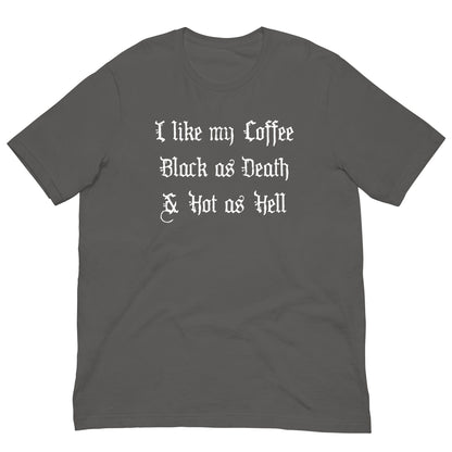 Dark gray T-shirt with crew neck and white coffee slogan graphic on front