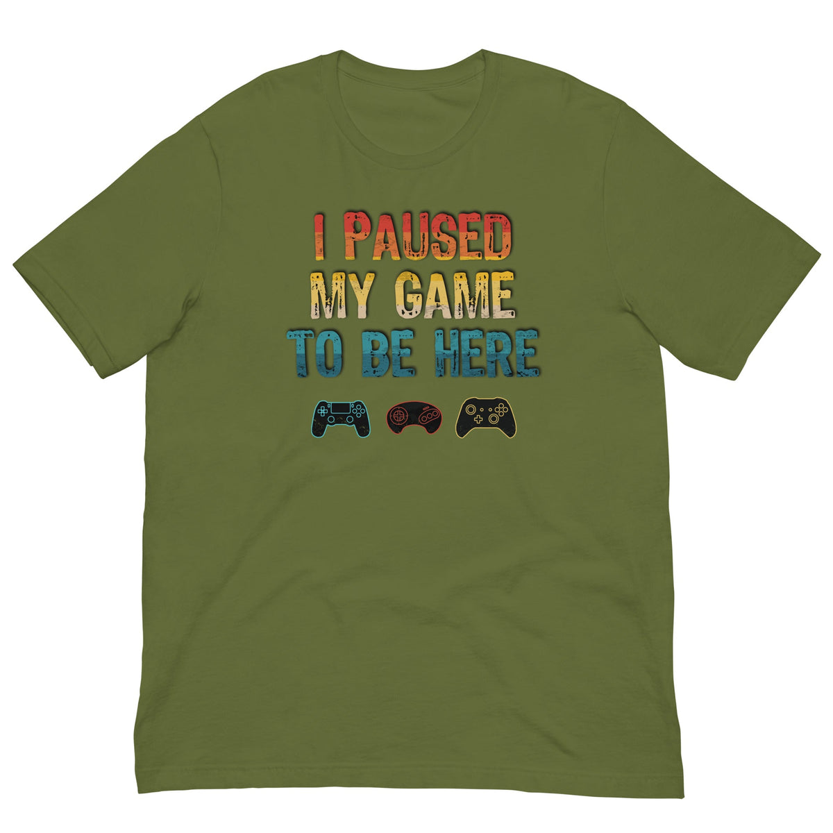 Green T-shirt with 'I PAUSED MY GAME TO BE HERE' graphic and controller icons