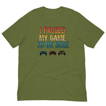 Green T-shirt with 'I PAUSED MY GAME TO BE HERE' graphic and controller icons