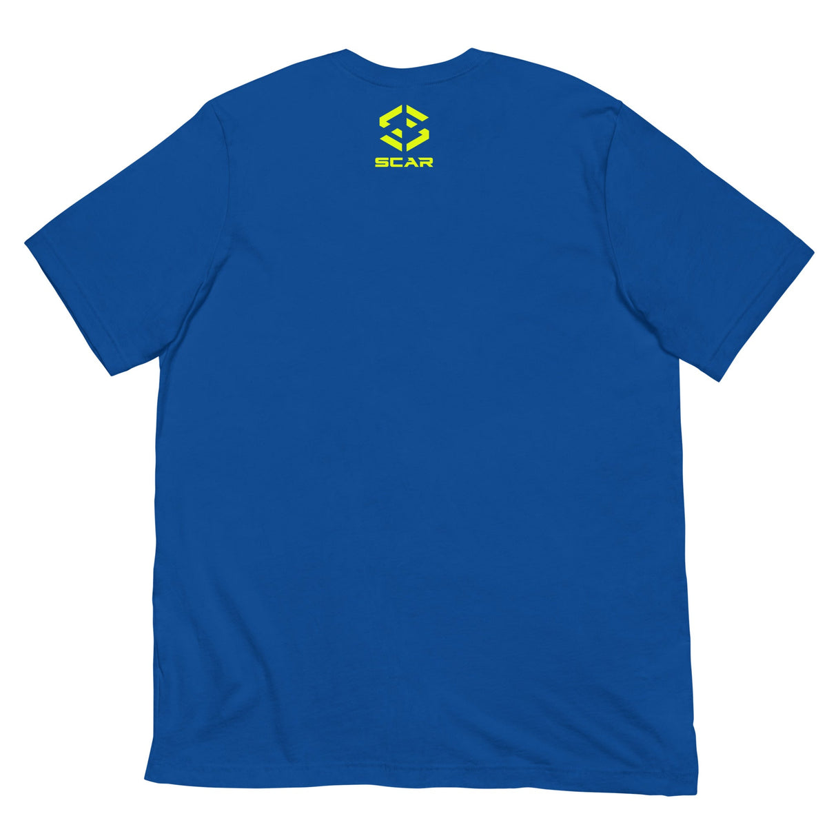 Royal blue T-shirt with small SCAR logo on the back