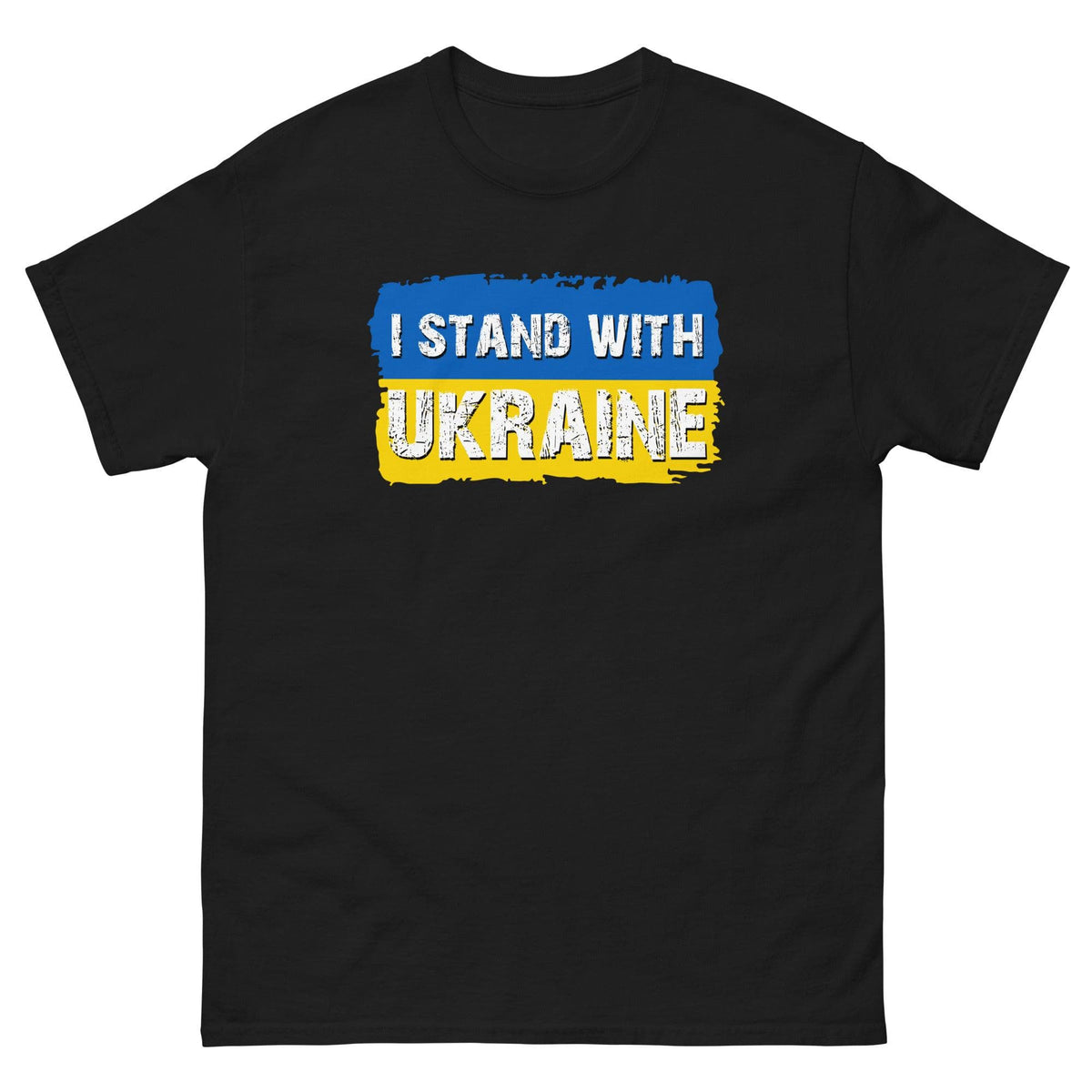 Black crewneck T-shirt with “I STAND WITH UKRAINE” graphic in blue and yellow