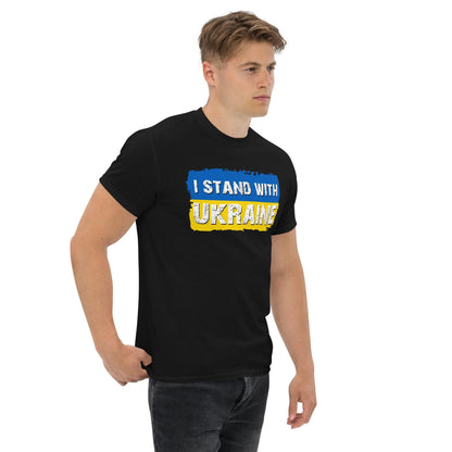 Black crewneck T-shirt with “I STAND WITH UKRAINE” graphic on the chest