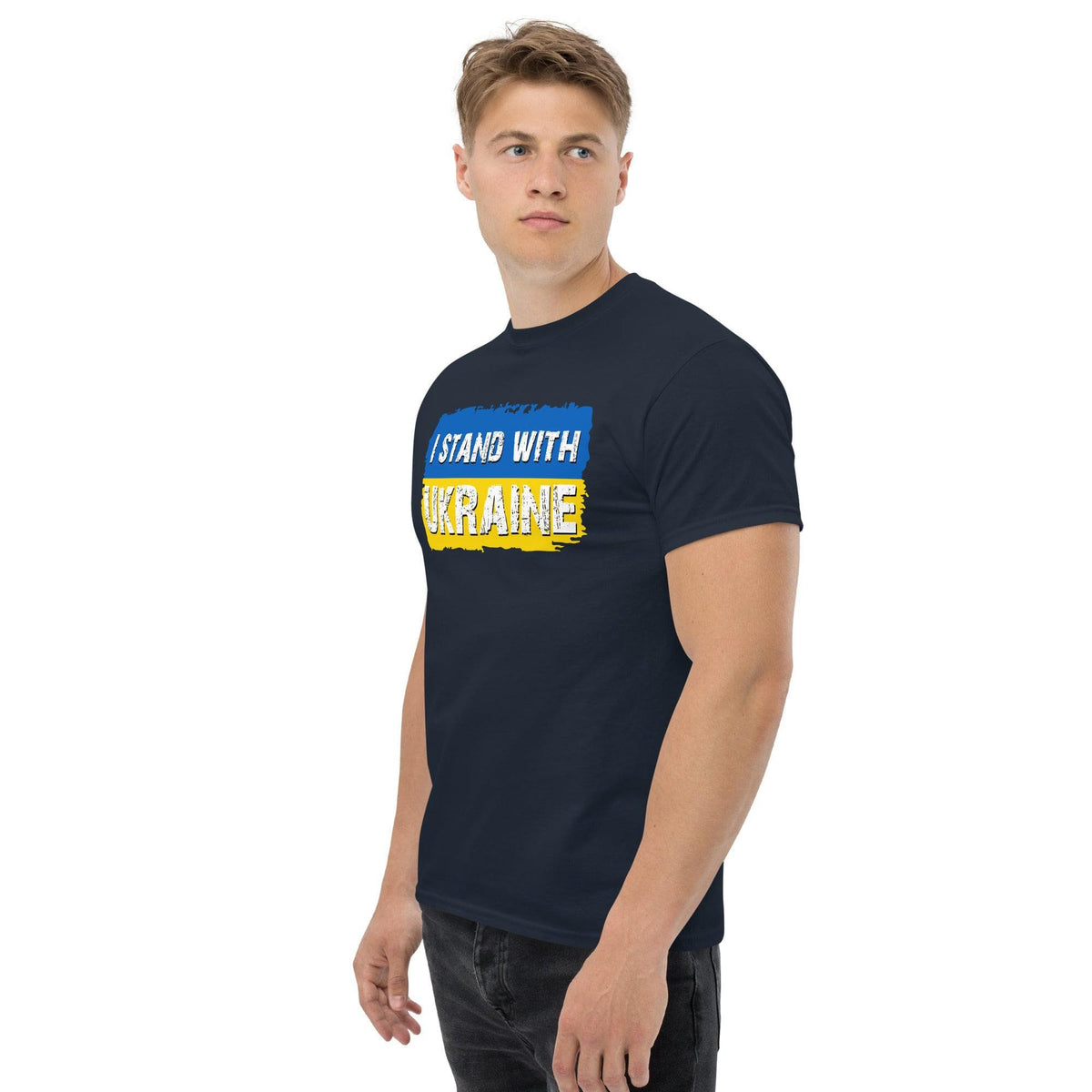 Navy crewneck T-shirt with “I STAND WITH UKRAINE” graphic in yellow and blue