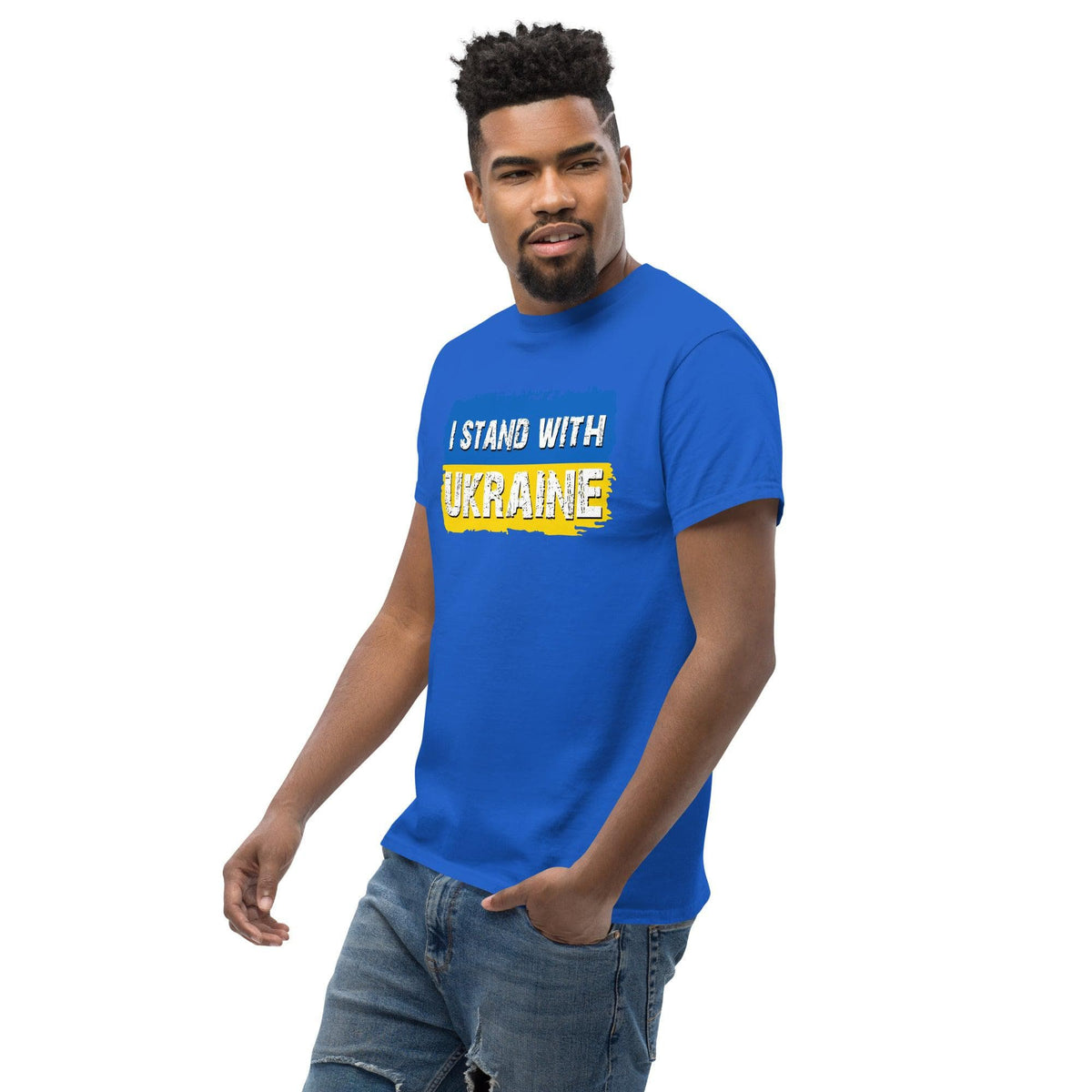 Royal blue crewneck T-shirt with “I STAND WITH UKRAINE” graphic in yellow and blue