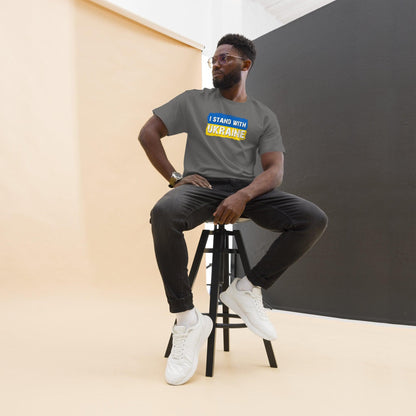 Dark gray crewneck T-shirt with “I STAND WITH UKRAINE” graphic in blue and yellow