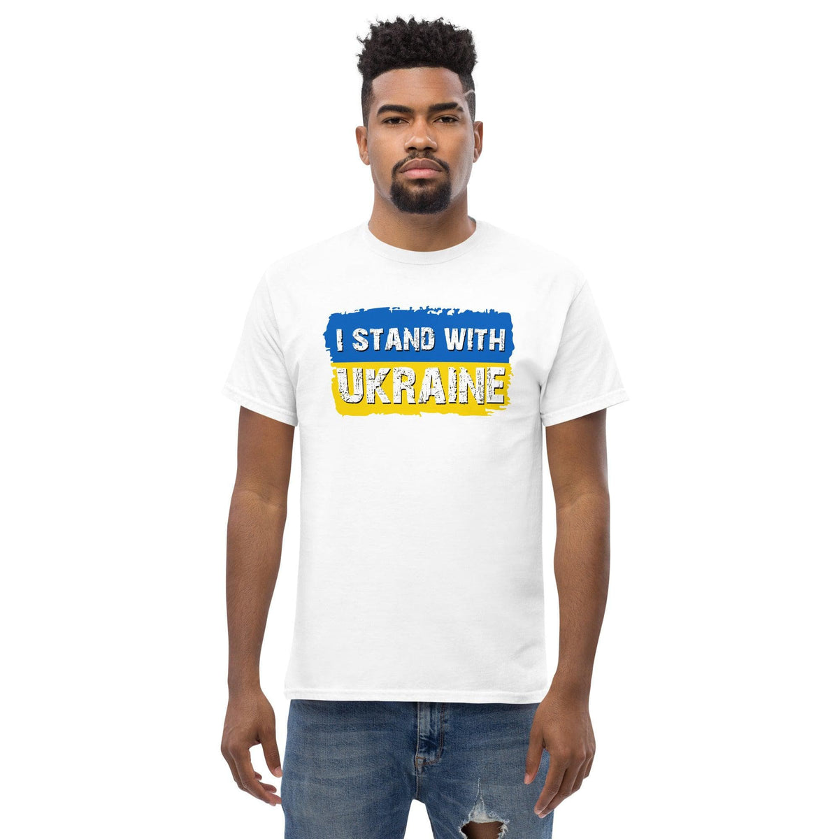 White crewneck T-shirt with “I STAND WITH UKRAINE” graphic in blue and yellow