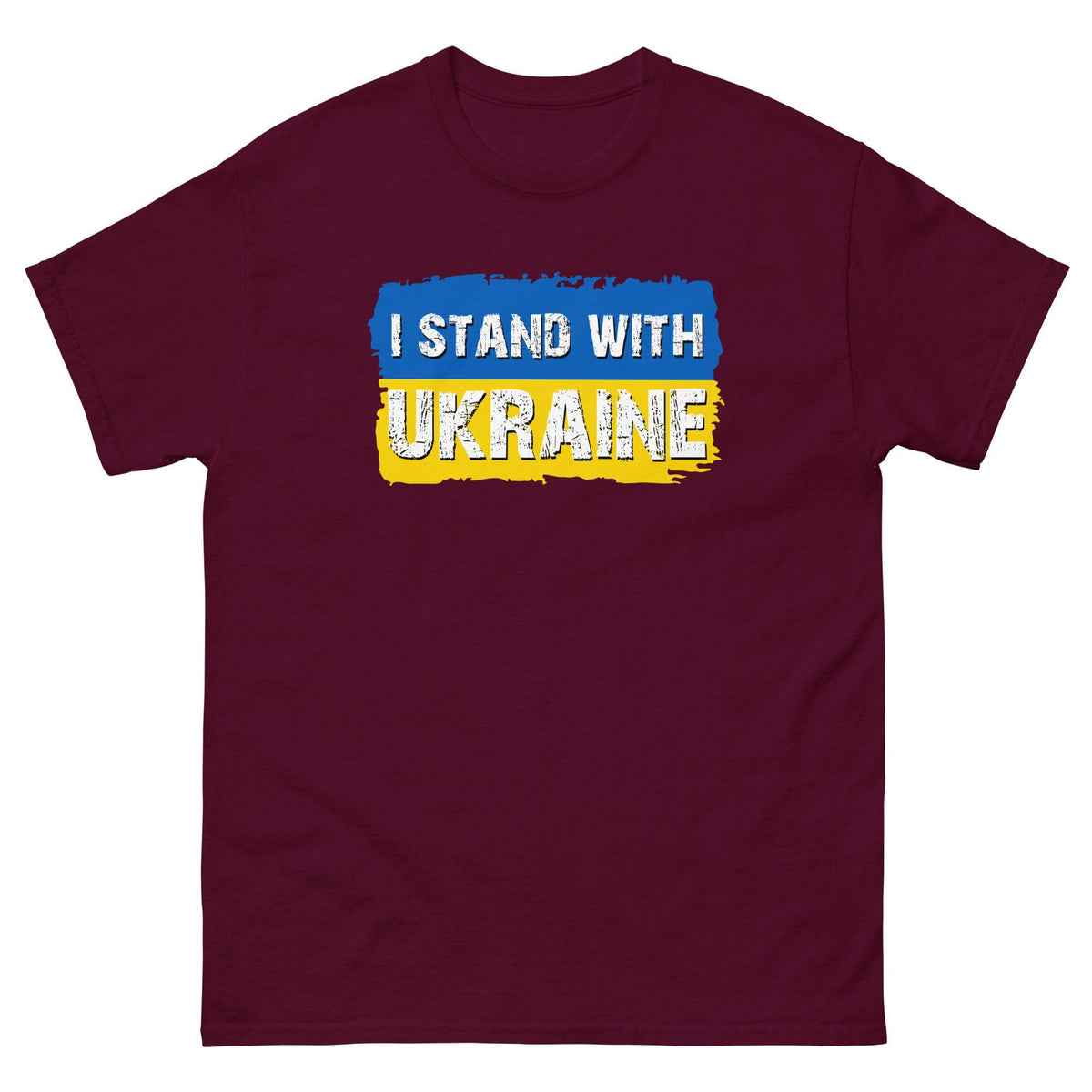 Maroon T-shirt with "I STAND WITH UKRAINE" text graphic