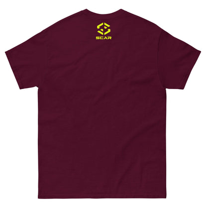Maroon T-shirt with small SCAR logo graphic