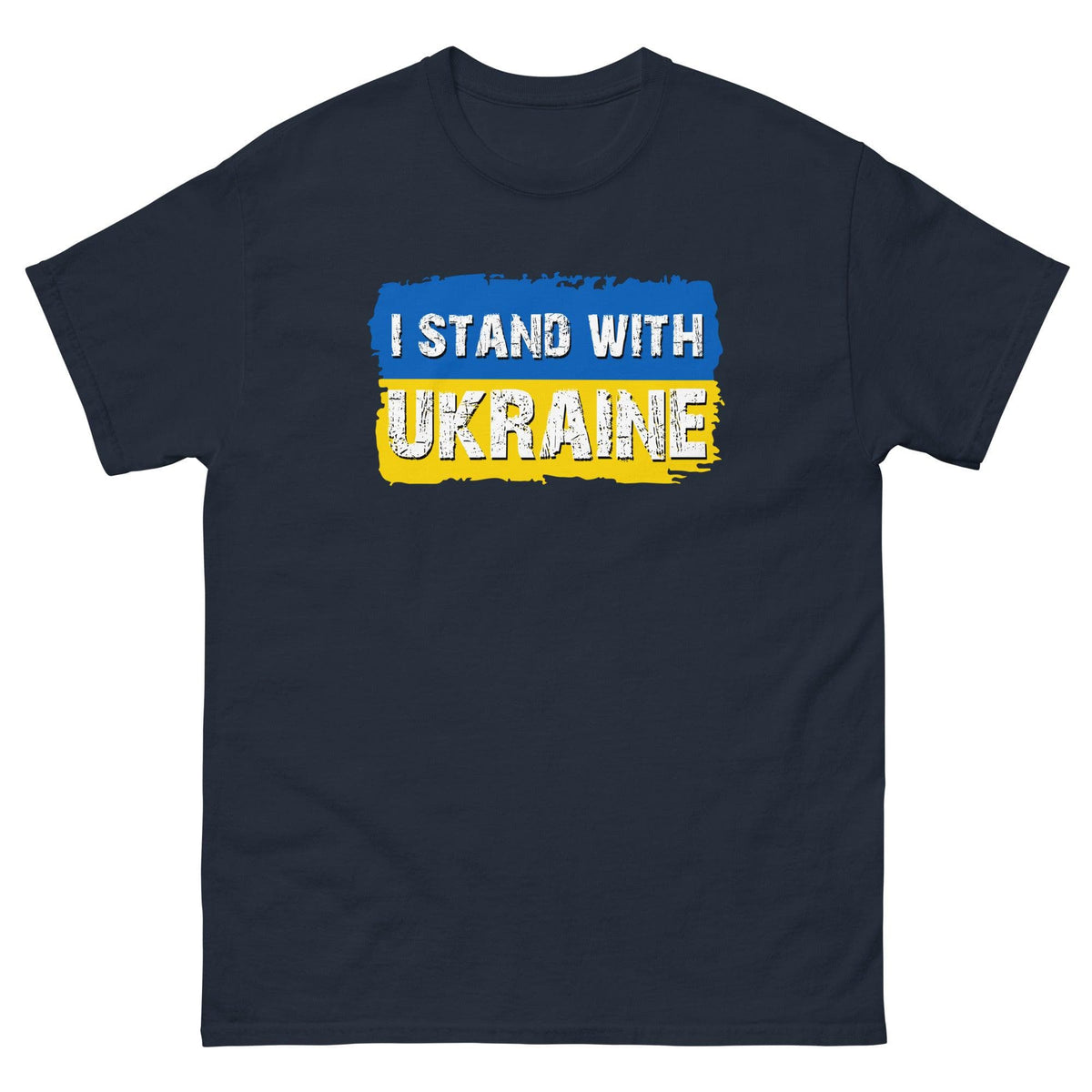Navy T-shirt with "I STAND WITH UKRAINE" text graphic