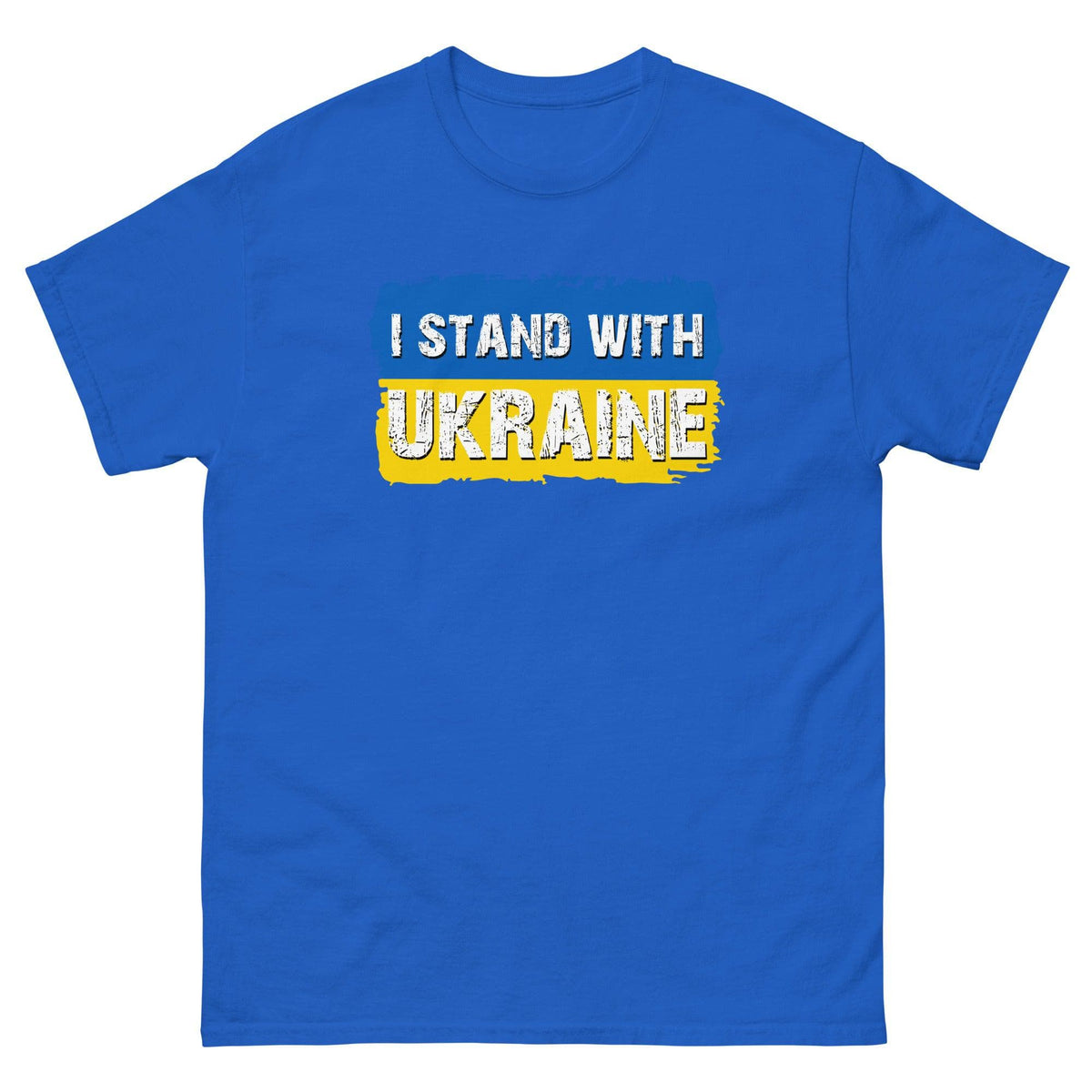 Royal blue T-shirt with "I STAND WITH UKRAINE" text graphic